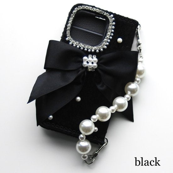Hime. Classic French Girly Velvet x Ribbon iPhone Case | Pearl Chain x Rhinestone (Compatible with all models)