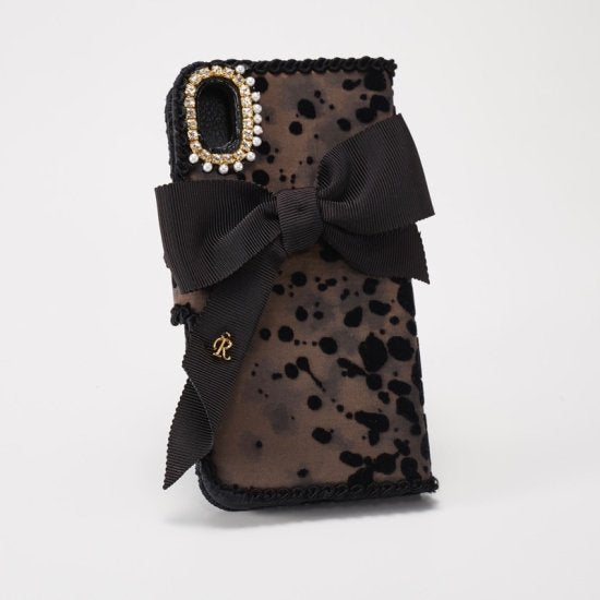 Hime. Classic French Girly Flocked x Ribbon iPhone Case | Italian Fabric x Wallet Style (Compatible with All Models)