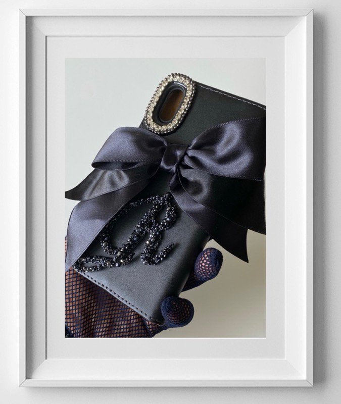 Hime. Elegant French Girly Initial Decorative Ribbon Wallet-Style iPhone Case | Black Leather with Beading (Compatible with All Models)