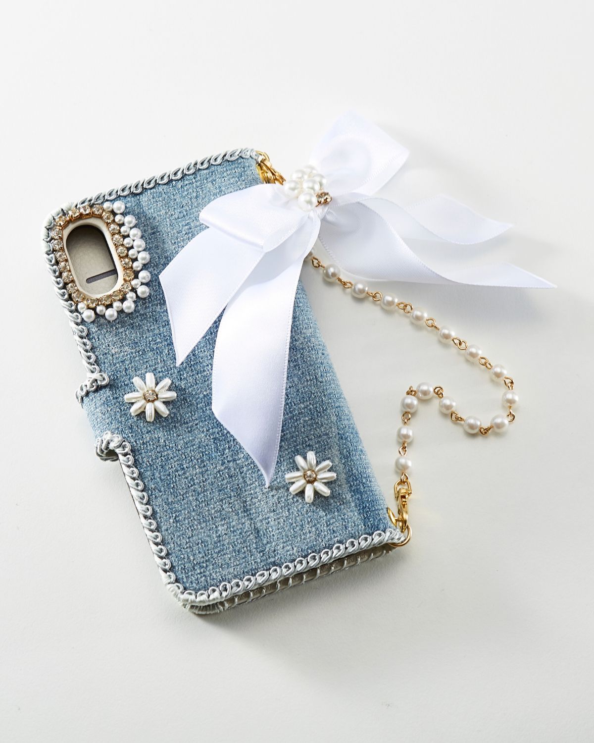 Hime. Classic French Girly Daisy Jewel iPhone Case | Elegant Denim and Pearl Design (Compatible with All Models)