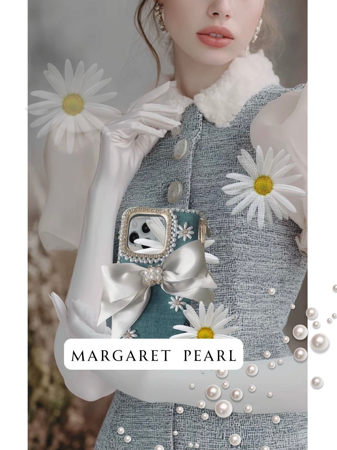 Hime. Classic French Girly Daisy Jewel iPhone Case | Elegant Denim and Pearl Design (Compatible with All Models)