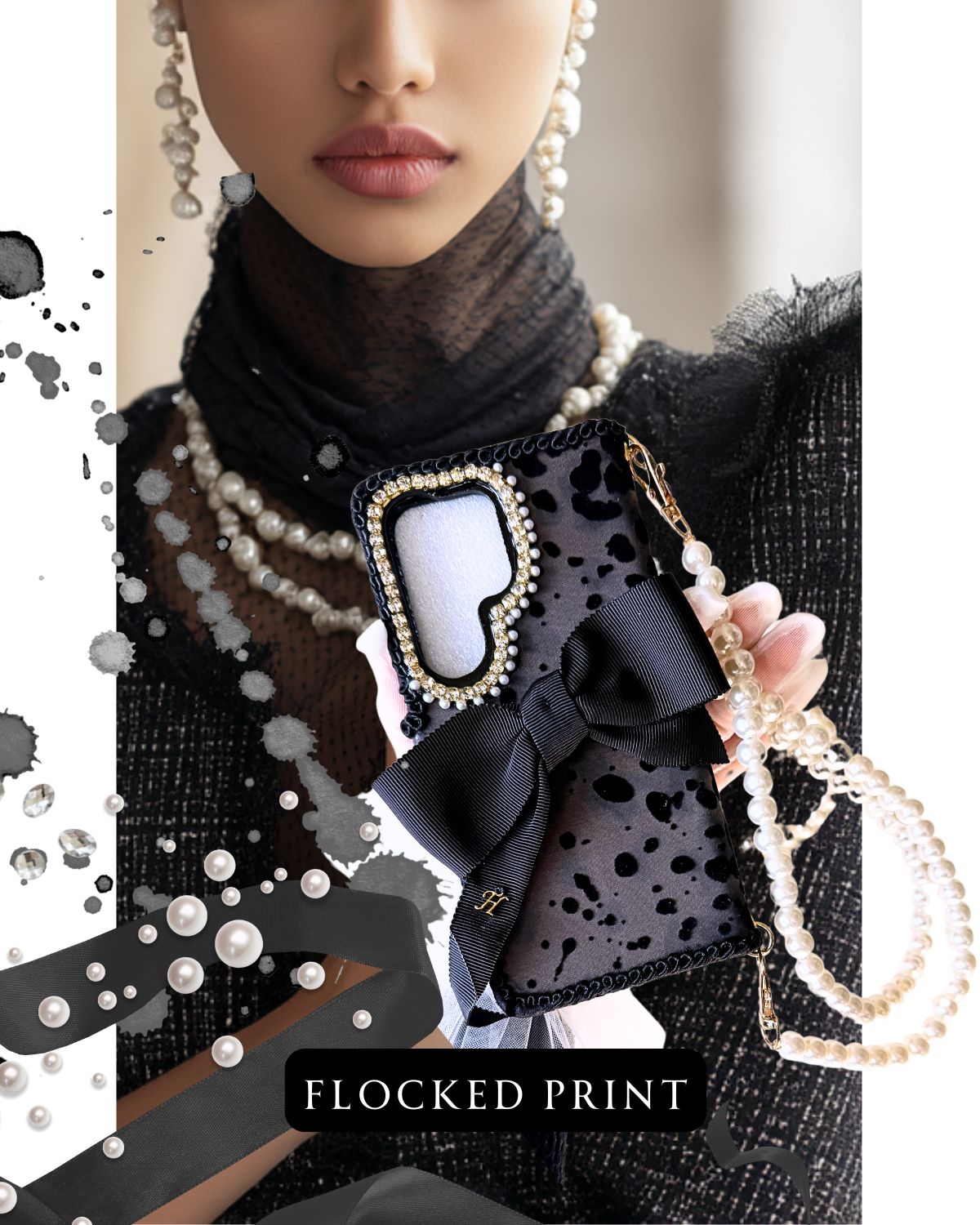 Hime. Classic French Girly Flocked x Ribbon iPhone Case | Italian Fabric x Wallet Style (Compatible with All Models)