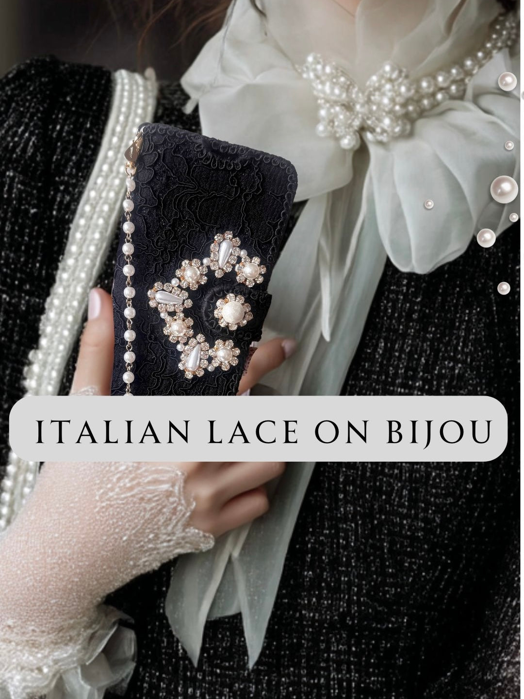 Hime. Swarovski Pearl Bijou Wallet-Style iPhone Case for Adults | Italian Lace & Elegant Black (Compatible with All Models)