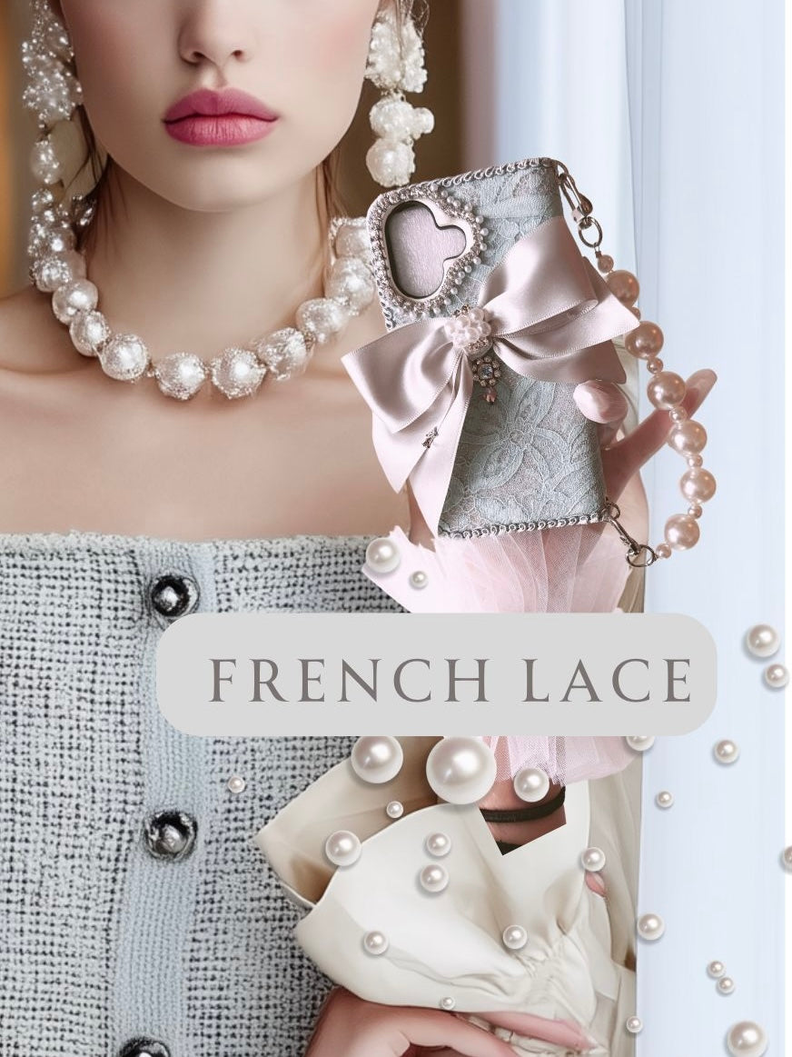 Hime. Elegant French Girly Lace Ribbon Wallet-Style iPhone Case | French Lace x Pearl Chain (Compatible with All Models)