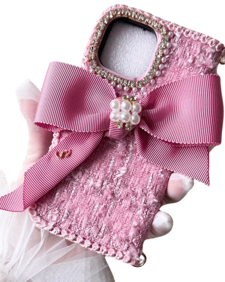 Hime. ヨーロッパ製メゾンツイード 手帳型 iPhoneケース|リボン&イニシャル(全機種対応)