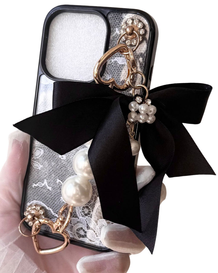 Hime. フランス製レースサテンリボンオーダー iPhoneケース|ジャラジャラスマホ×大人可愛いパールハンドル付き(全機種Android対応)