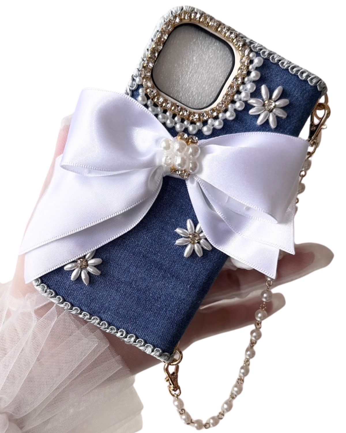 Hime. Classic French Girly Daisy Jewel iPhone Case | Elegant Denim and Pearl Design (Compatible with All Models)