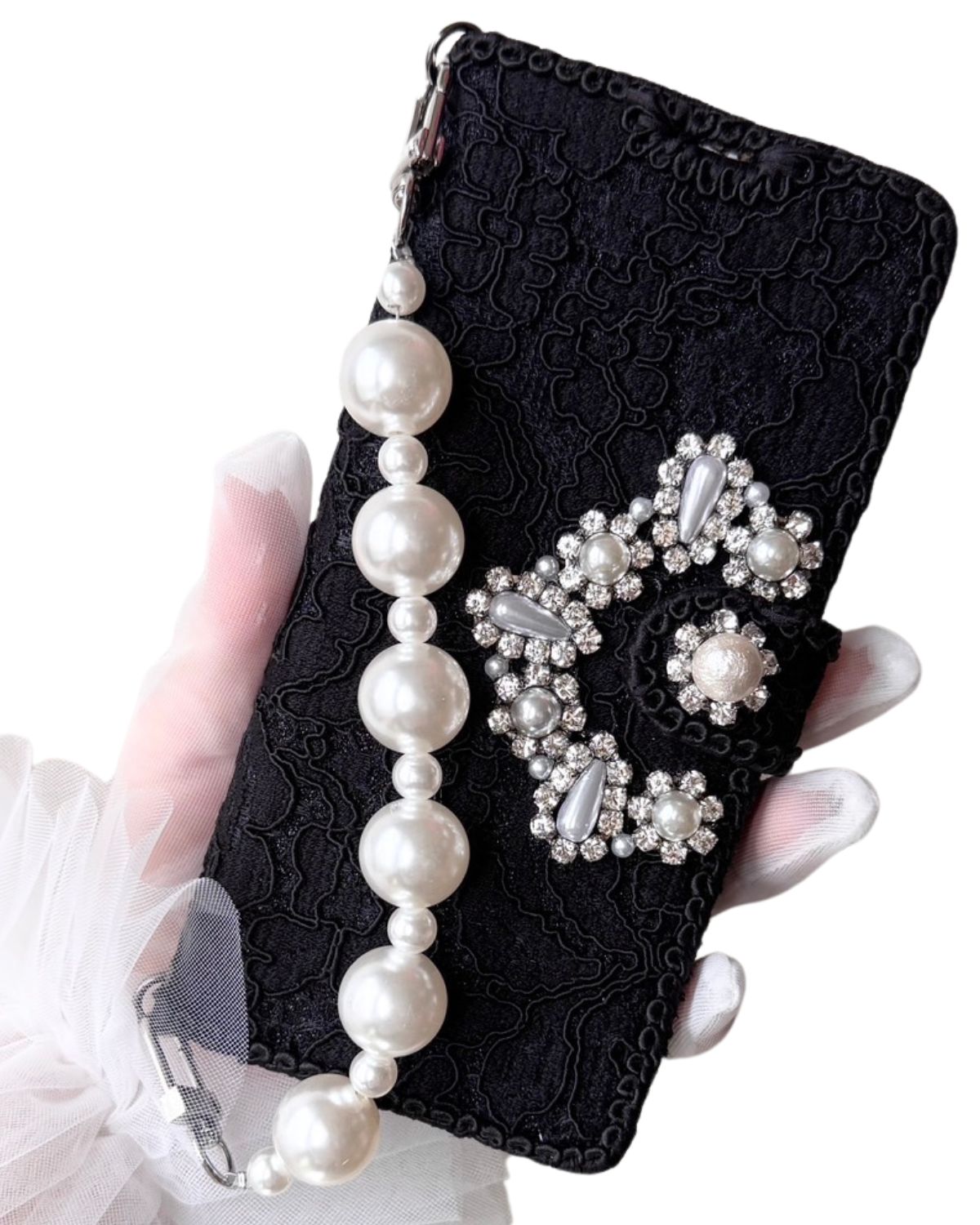Hime. Swarovski Pearl Bijou Wallet-Style iPhone Case for Adults | Italian Lace & Elegant Black (Compatible with All Models)