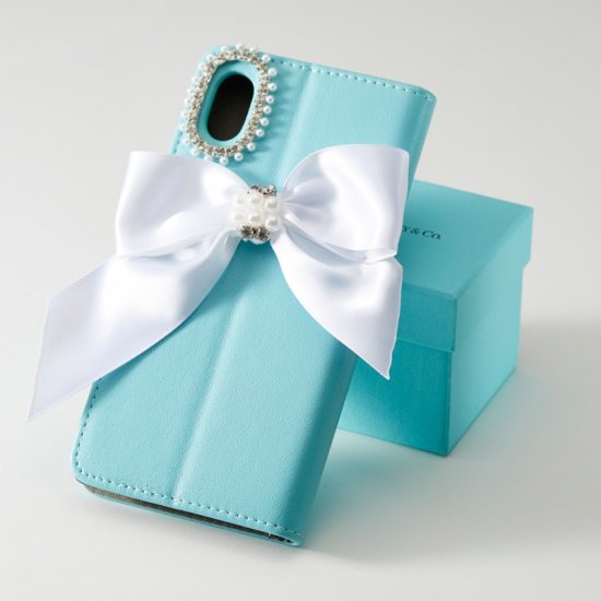 IP-180  Tiffany blue パールリボン手帳型iphoneケース(機種限定）