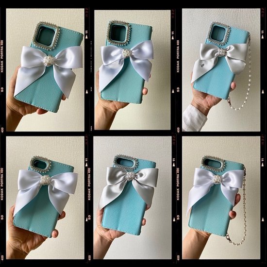 IP-180 Tiffany blue パールリボン手帳型iphoneケース(機種限定
