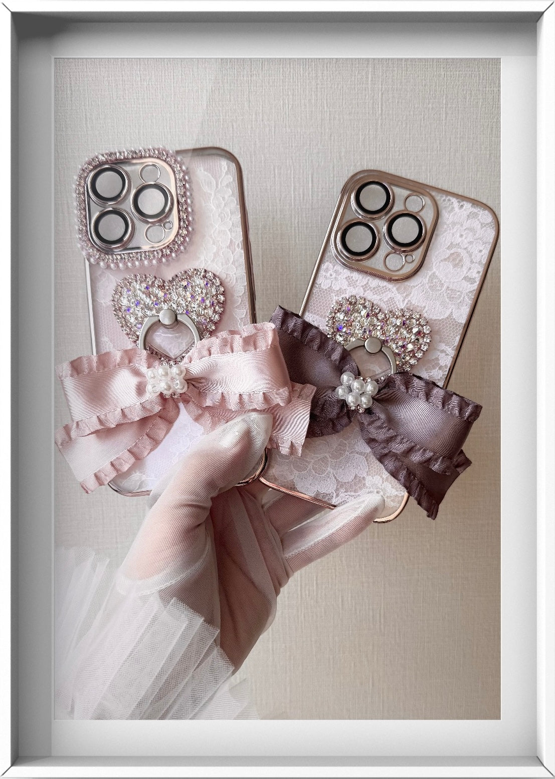 Hime. Elegant French Lace Ribbon iPhone Case | Swarovski Heart Ring (Compatible with All Models)