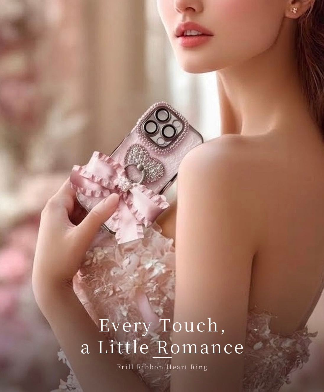 Hime. Elegant French Lace Ribbon iPhone Case | Swarovski Heart Ring (Compatible with All Models)