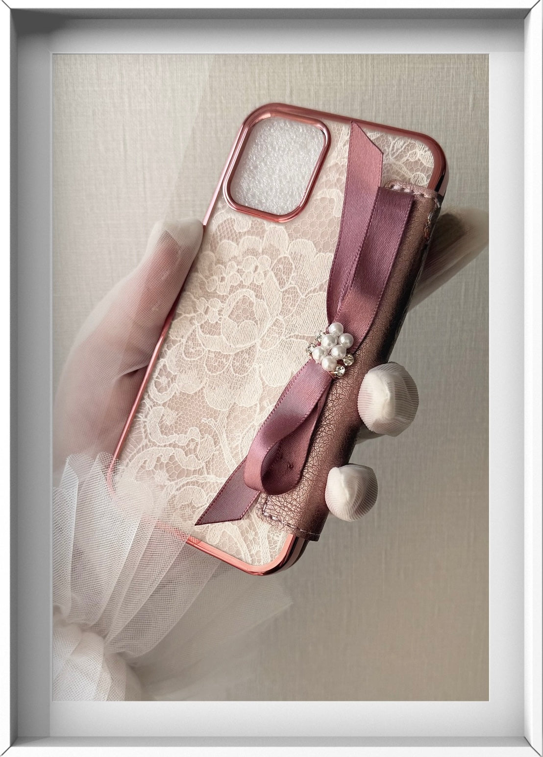 Hime. Elegant French Girly Flip Ribbon Wallet-Style iPhone Case | French Lace with Elegant Design (Compatible with All Models)