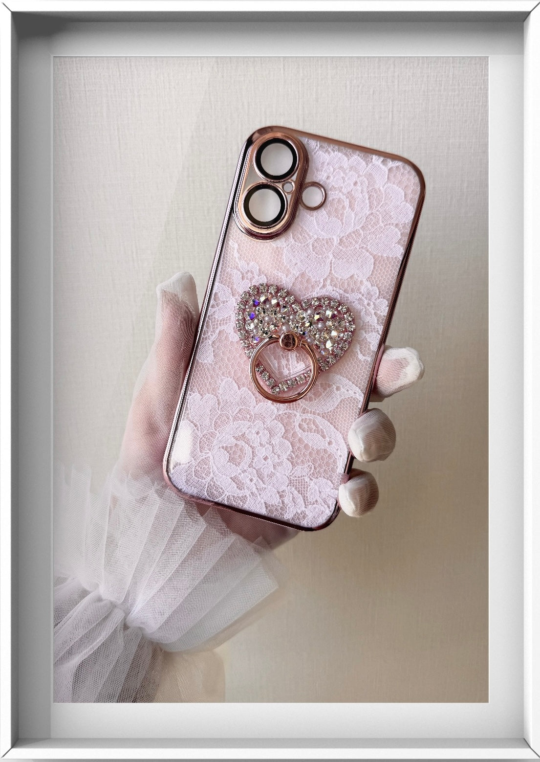 Hime. Elegant French Lace Ribbon iPhone Case | Swarovski Heart Ring (Compatible with All Models)