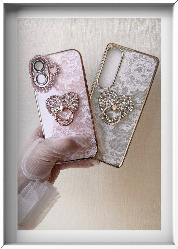 Hime. Elegant French Lace Ribbon iPhone Case | Swarovski Heart Ring (Compatible with All Models)