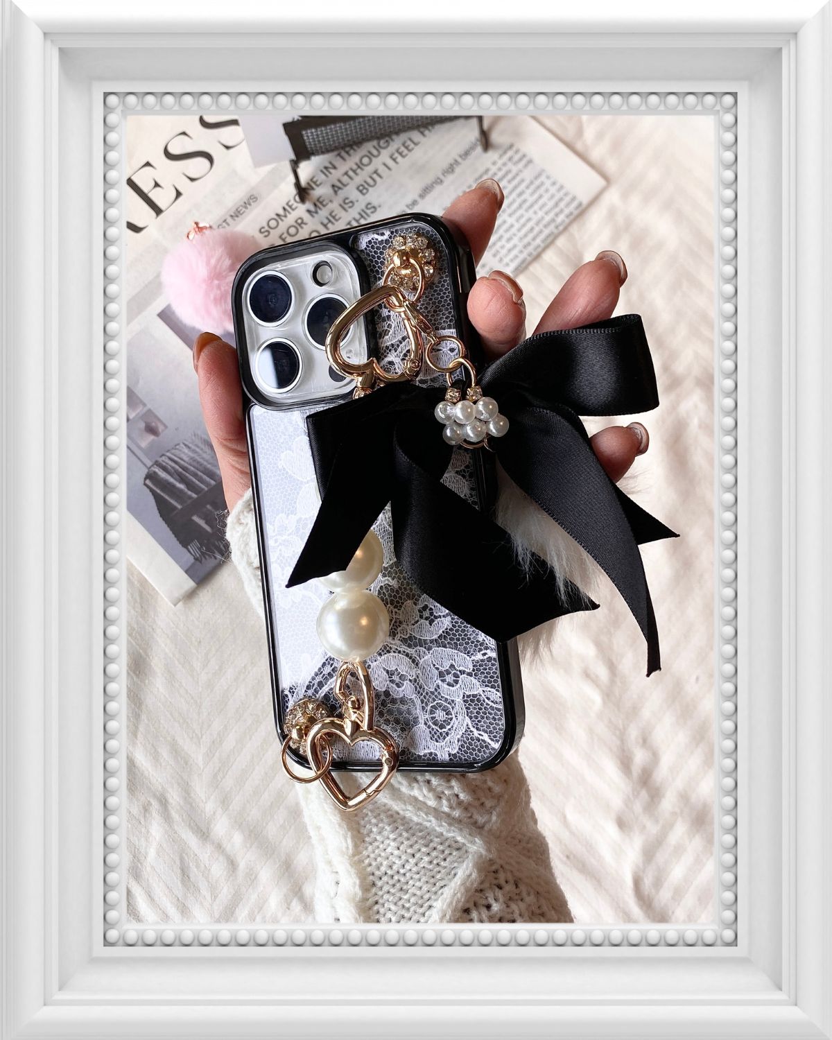 Hime. French Lace Satin Ribbon iPhone Case with Pearl Handle (Compatible with All Models)