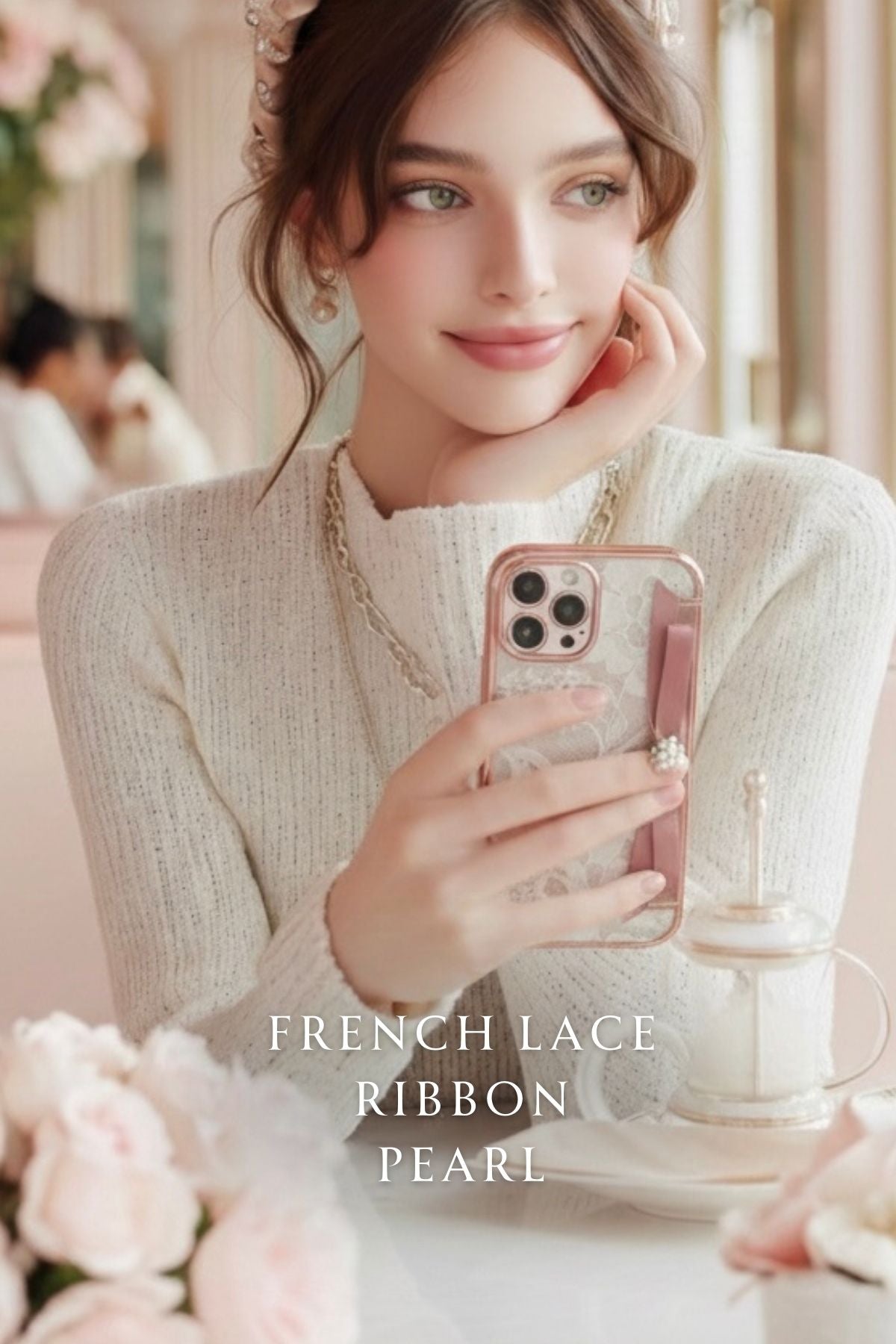 Hime. Elegant French Girly Flip Ribbon Wallet-Style iPhone Case | French Lace with Elegant Design (Compatible with All Models)