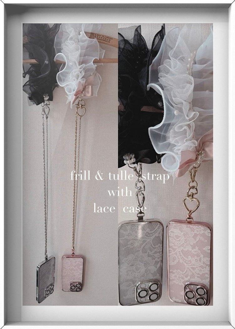 Hime. フリル＆チュール肩がけチェーンストラップ付きフランス製レース スマホケース