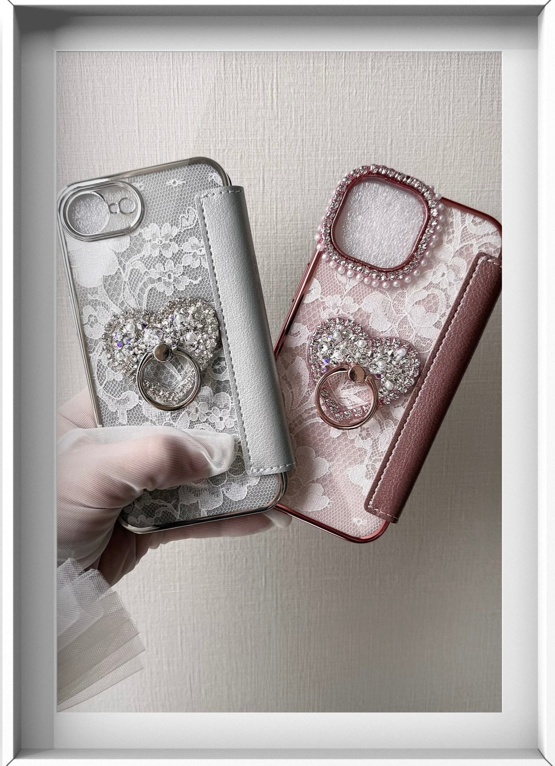 Hime. Elegant French Lace Ribbon iPhone Case | Swarovski Heart Ring (Compatible with All Models)