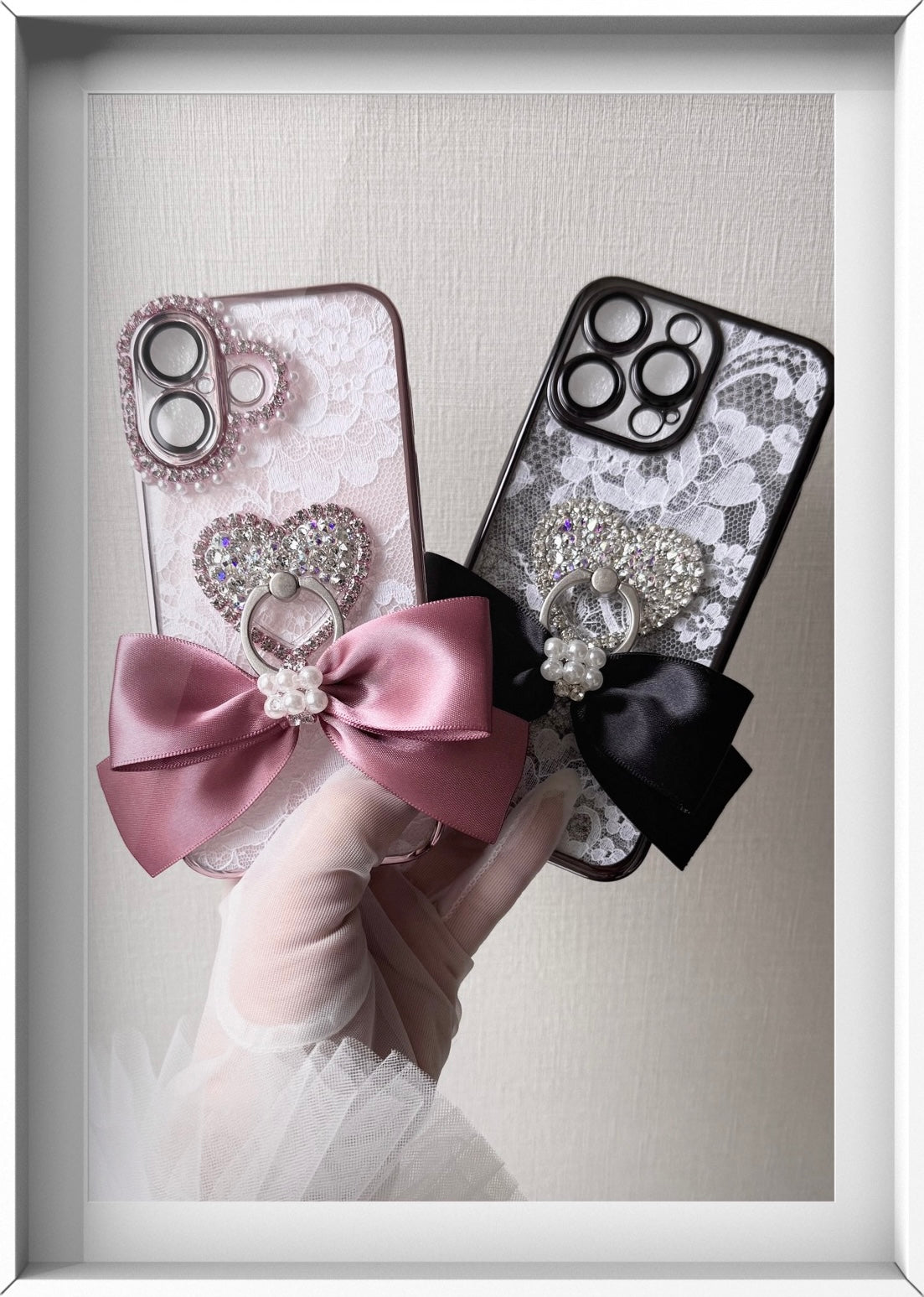 Hime. Elegant French Lace Ribbon iPhone Case | Swarovski Heart Ring (Compatible with All Models)