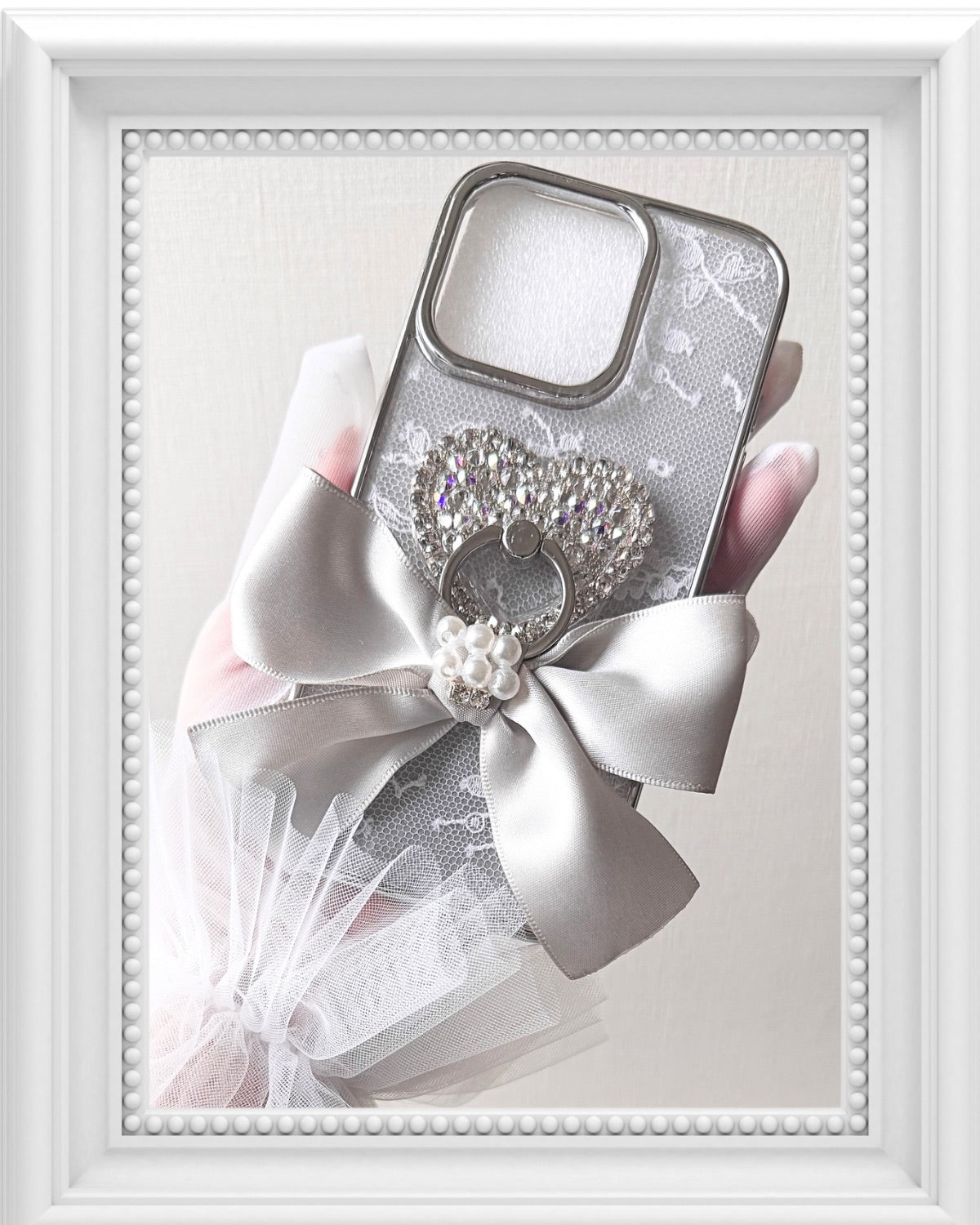IP-126-1 Hime.フランス製レースシートハートリングRibbonスタンド全機種対応スマホケース