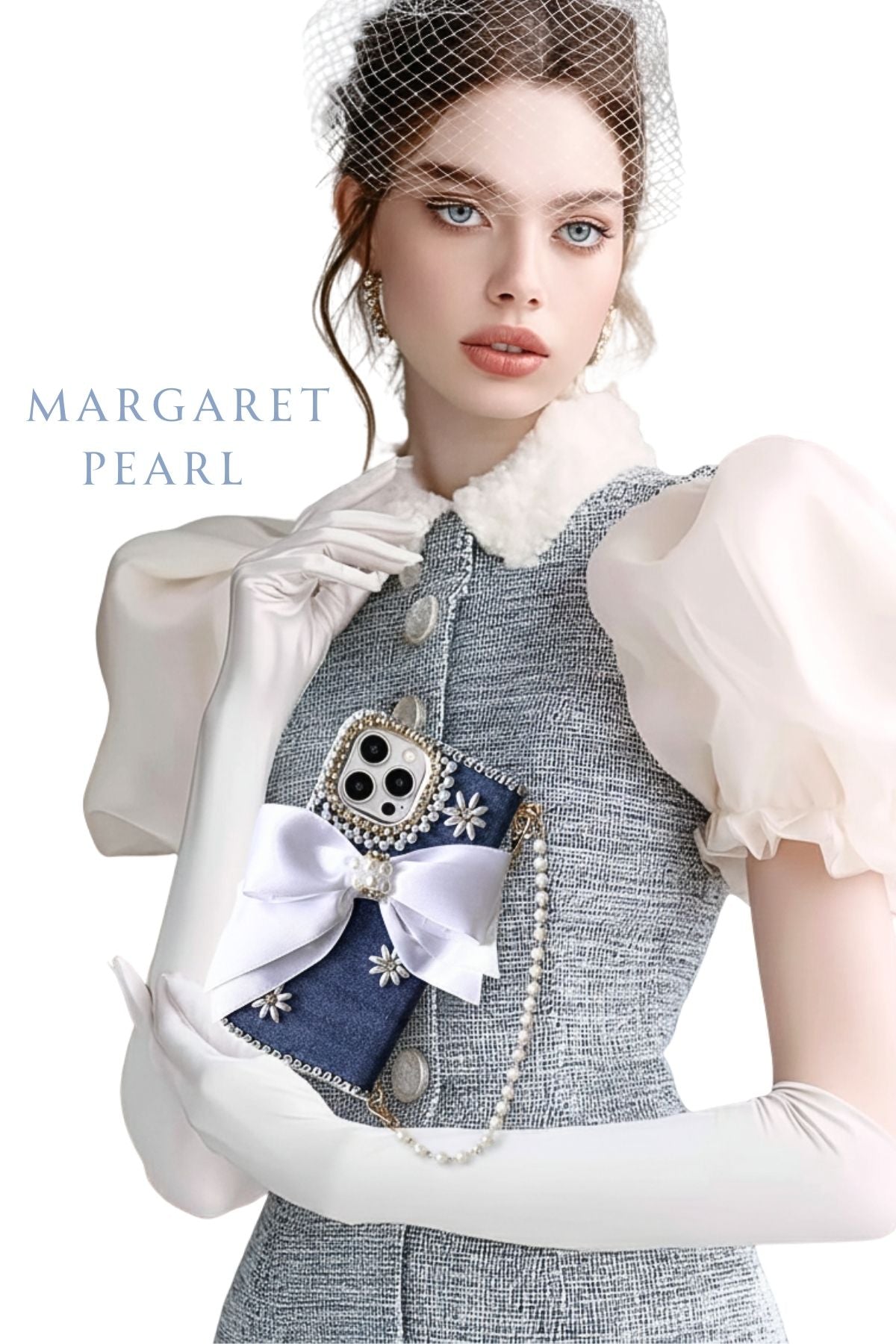 Hime. Classic French Girly Denim iPhone Case | Margaret Bijou & Elegant Pearl Design (Compatible with All Models)