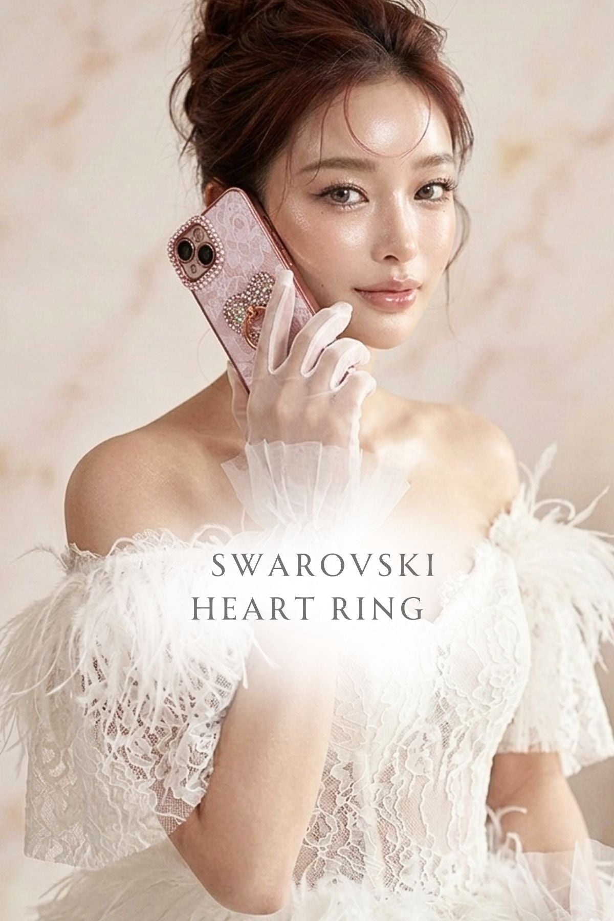 Hime. Elegant French Lace Ribbon iPhone Case | Swarovski Heart Ring (Compatible with All Models)