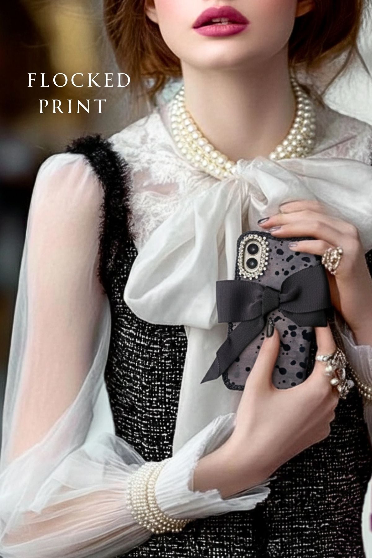 Hime. Classic French Girly Flocked iPhone Case | Italian Fabric x Organza Ribbon, Wallet Style (Compatible with All Models)