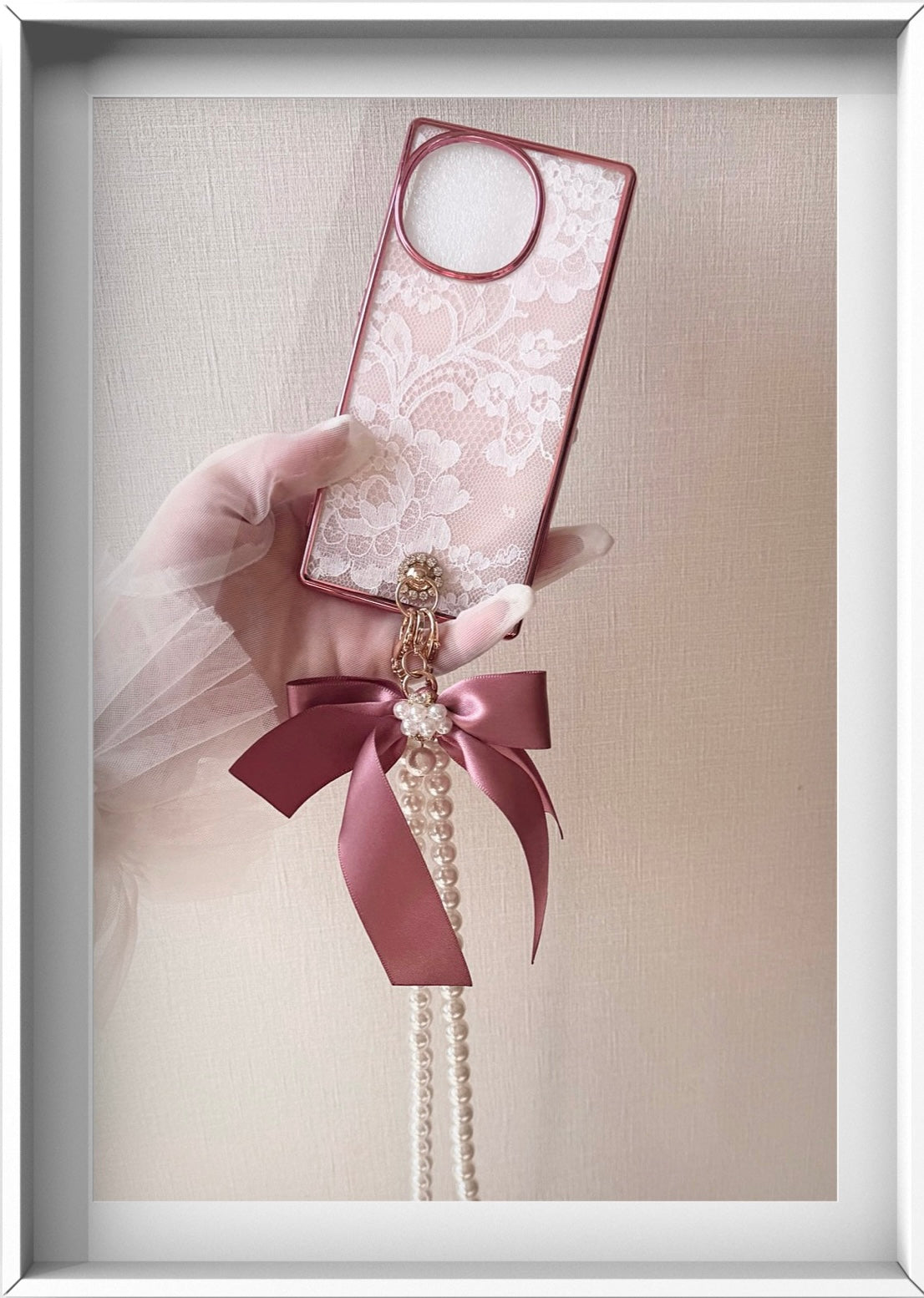 Hime. Elegant French Girl Long Pearl Ribbon iPhone Case | French Lace & Refined Charm (Compatible with All Models)