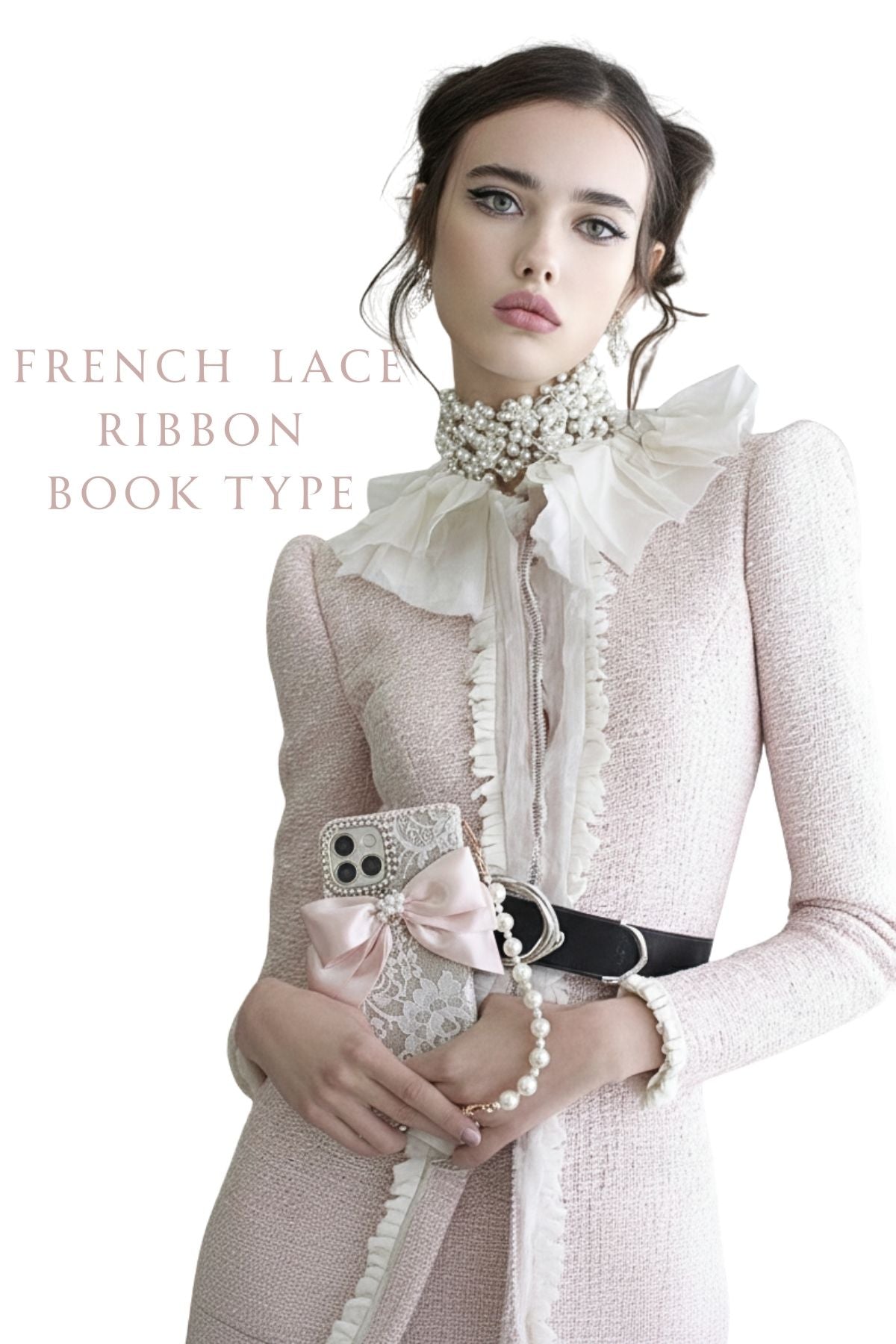 Hime. フランス製高級リバーレースハンドメイドリボン 手帳型オーダー iPhoneケース｜パールチェーン付きx大人可愛い（全機種対応）
