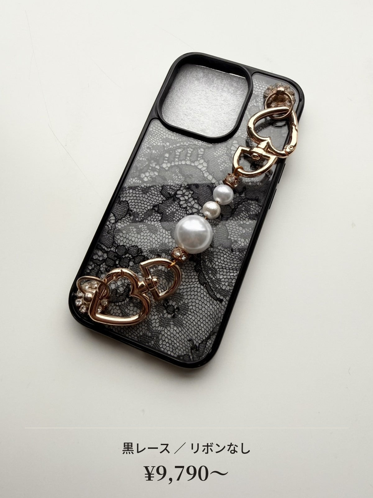 Hime. ブラックリボン＆パール フランス製レース iPhoneケース