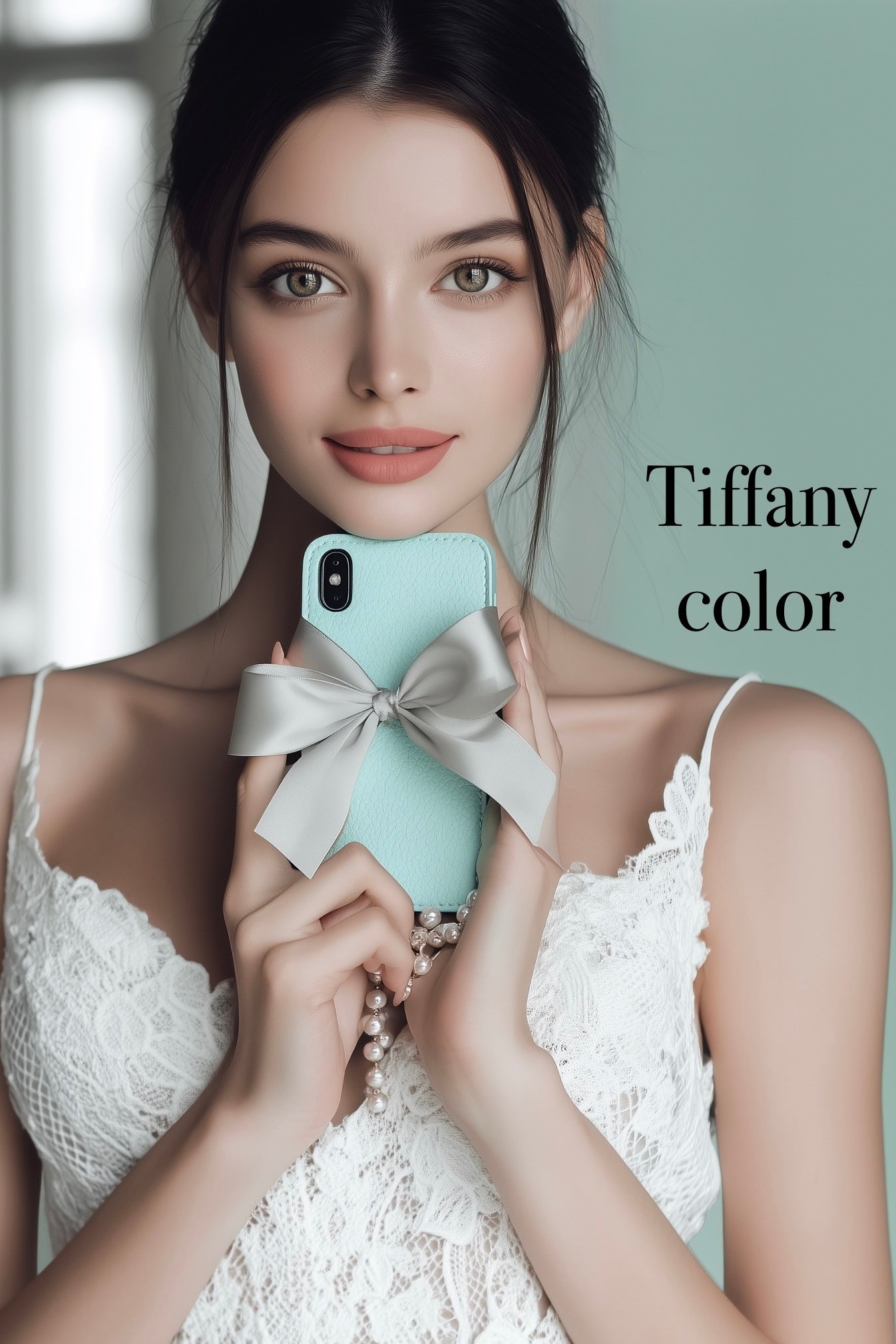 IP-180  Tiffany blue パールリボン手帳型iphoneケース(機種限定）