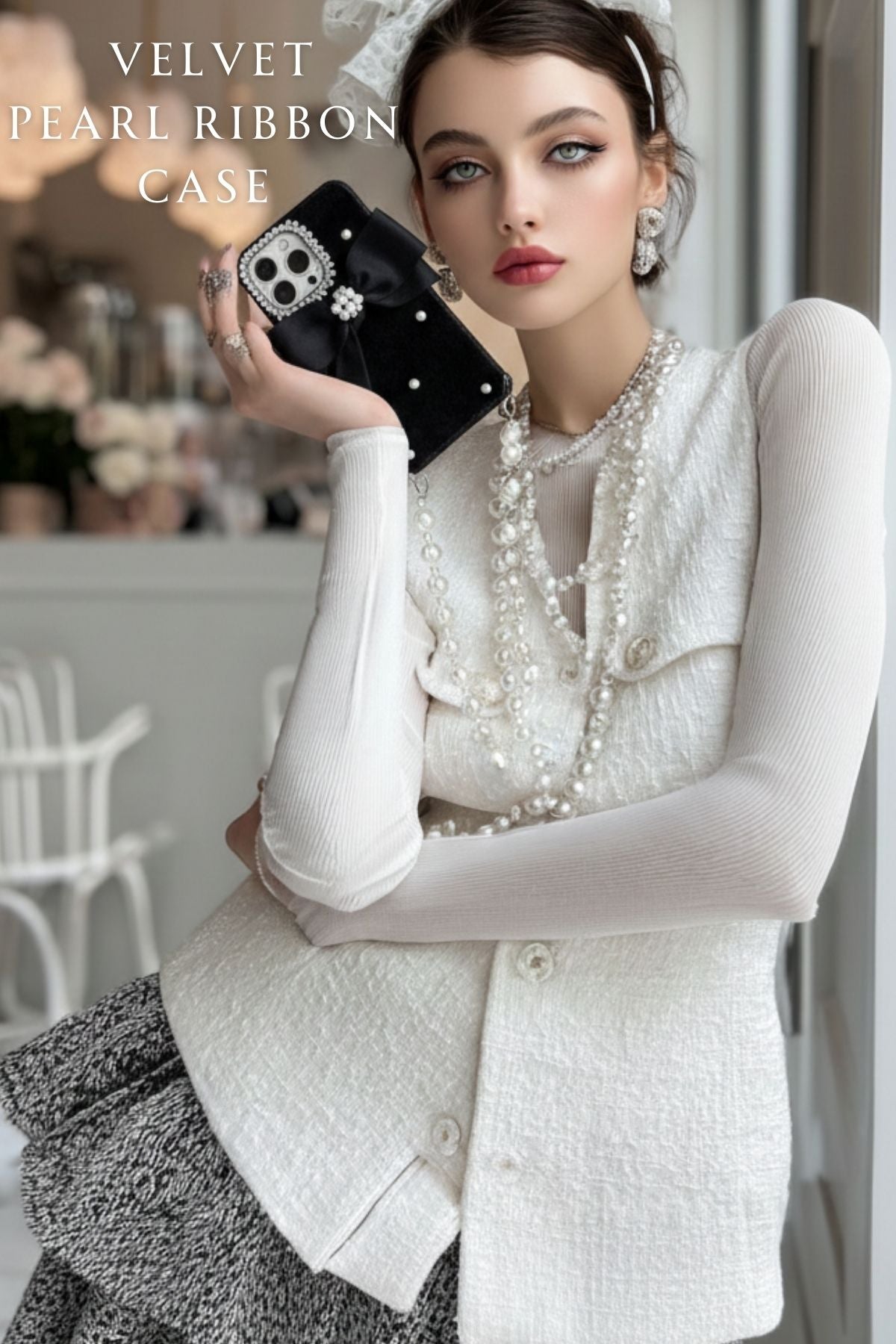 Luxury iPhone Case with Velvet Ribbon – Handmade Designer Case with Pearl Chain & Rhinestone
